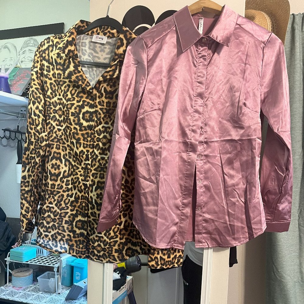 Silk Cheetah Print and Purle Button Down Dress Shirts